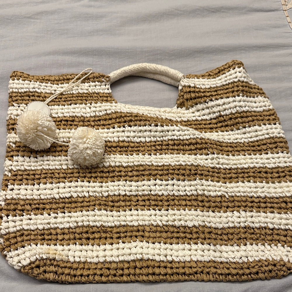 Striped Tan and White Woven Tote Bag